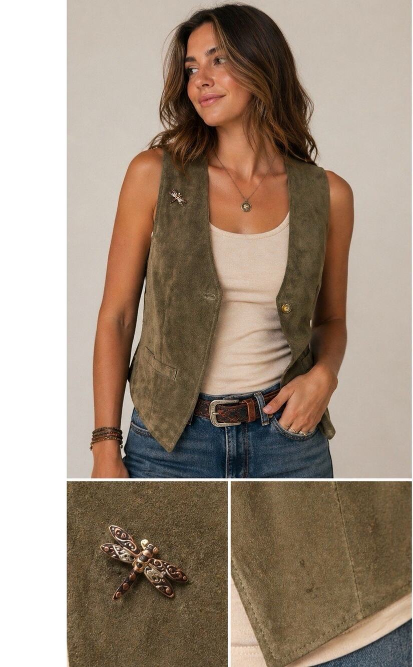 Vintage Leather Vest Olive Green Suede Western Boho Dragonfly S Old School